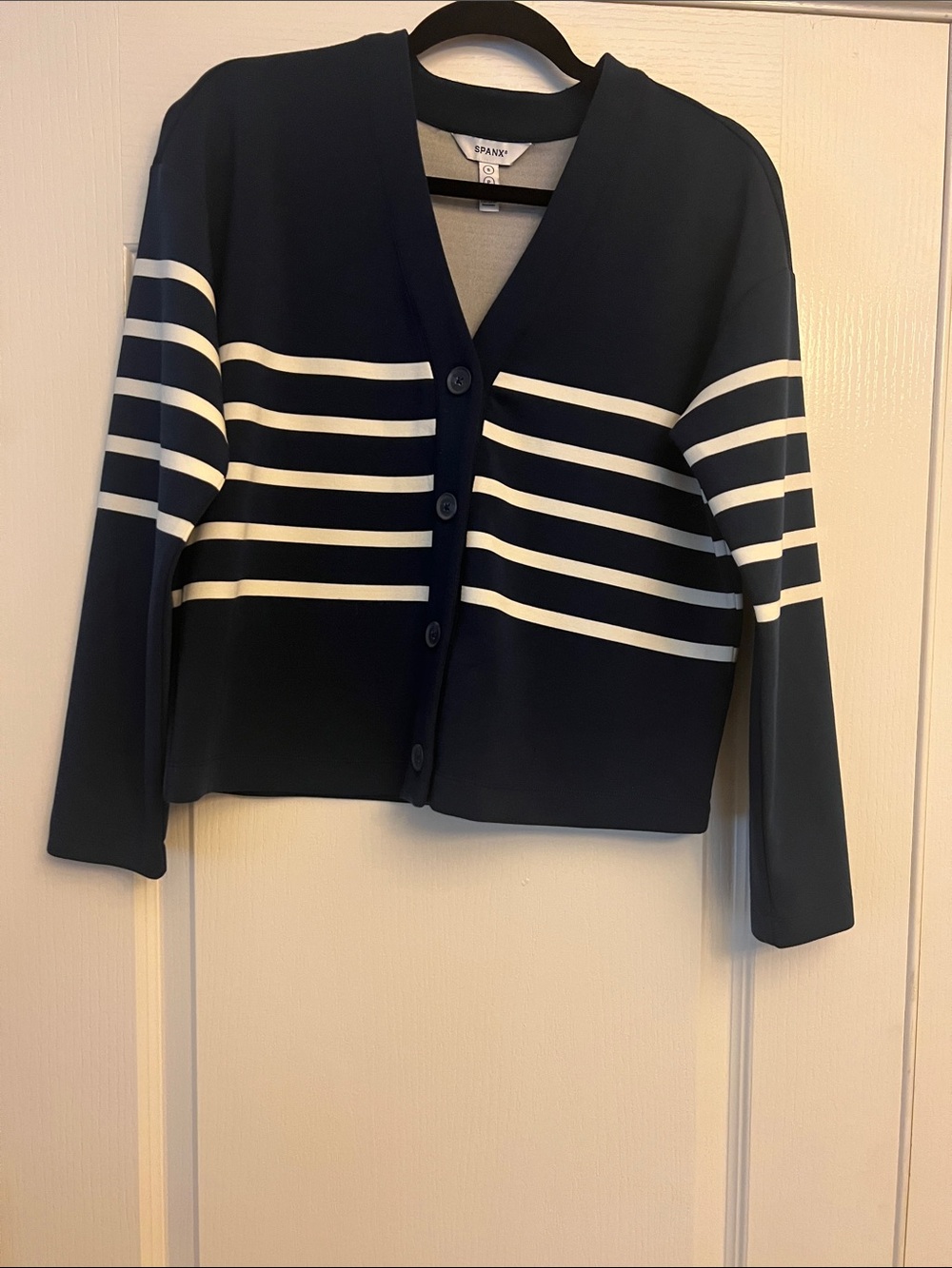 SPANX Navy & White Striped Button Front Cardigan